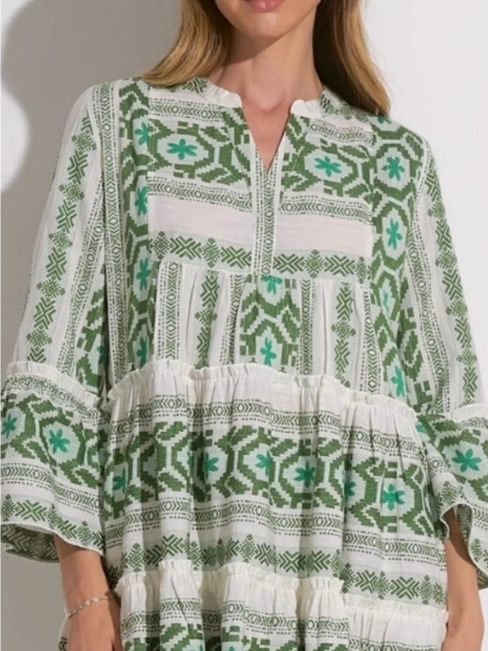 Elan White and Green Embroidered Tiered Peasant Dress
